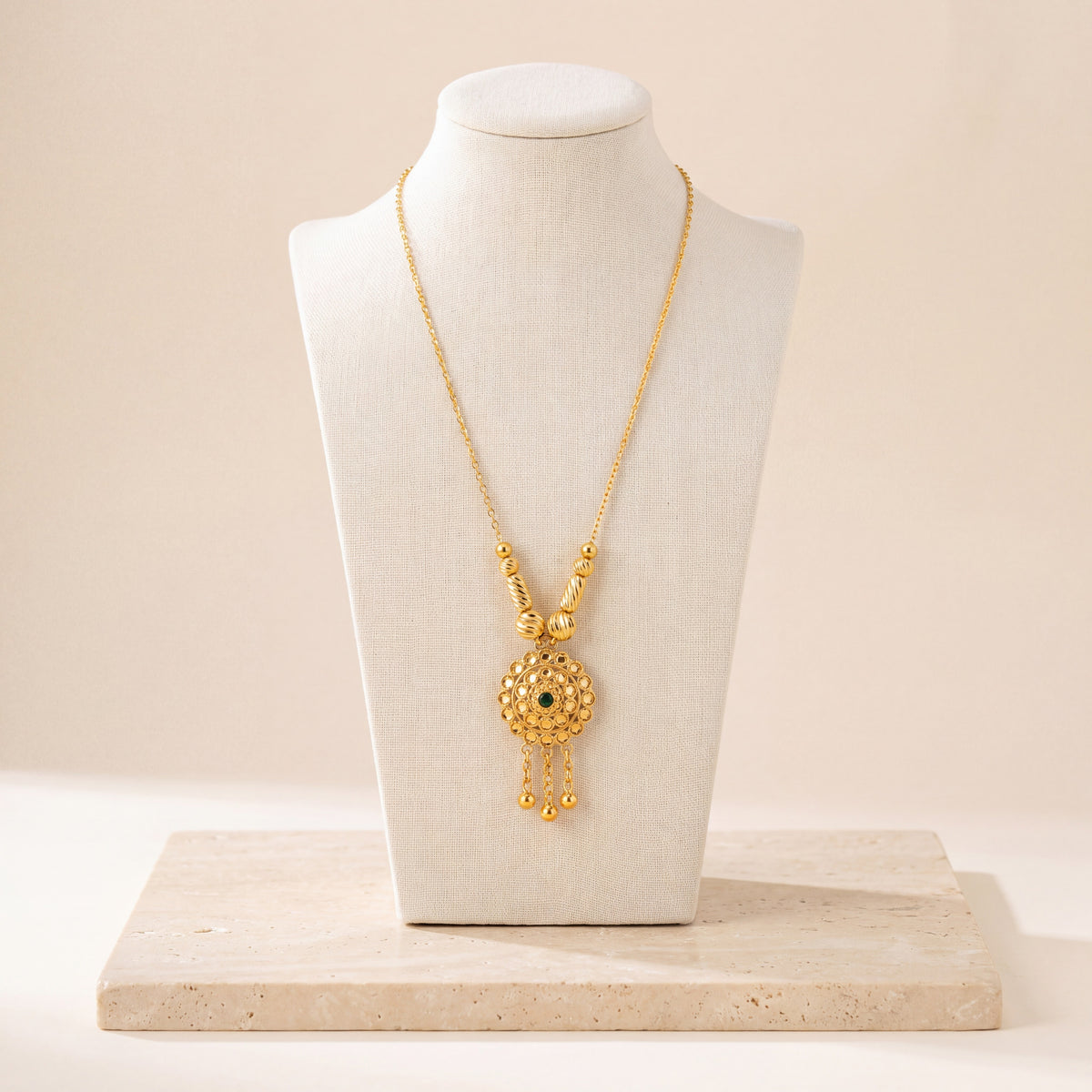 Kids RP Mala Necklace 16 – Green stone, on travertine