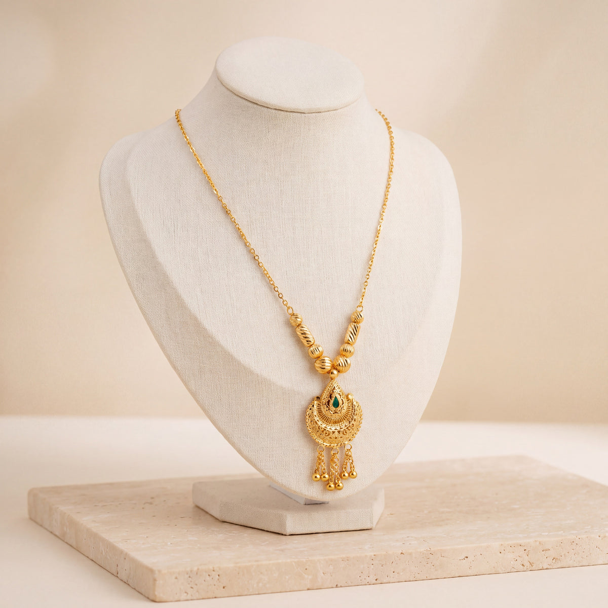 Kids Stone Mala Necklace 2 – Green stone, on travertine