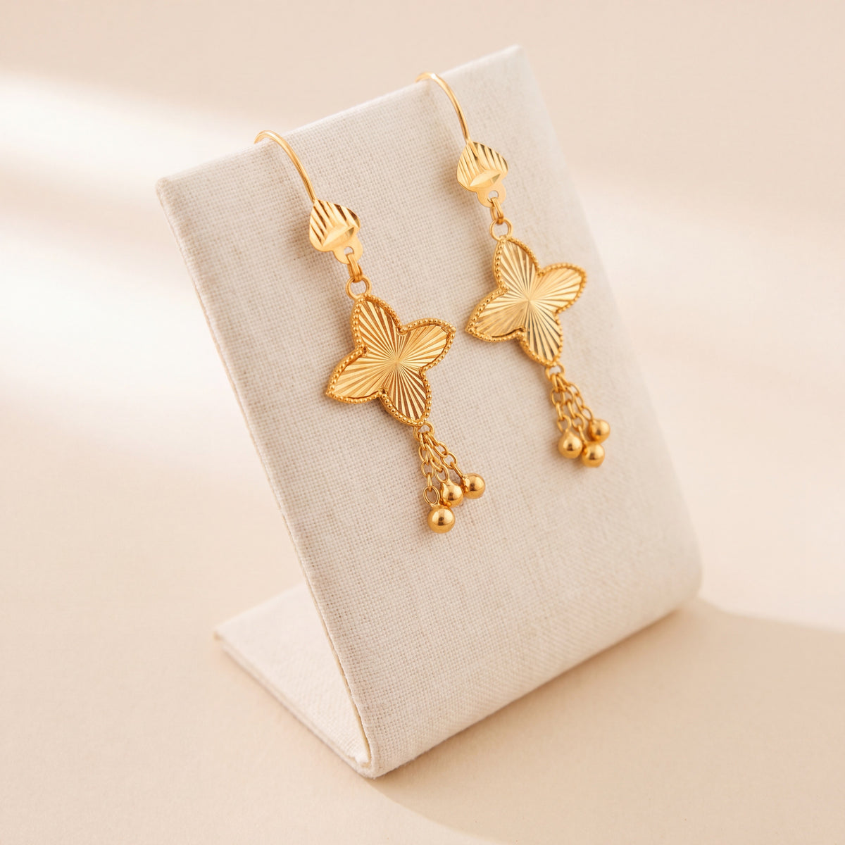 Petal Flower Earrings 3 – Gold clover with dangles, 925 silver 24K gold plated