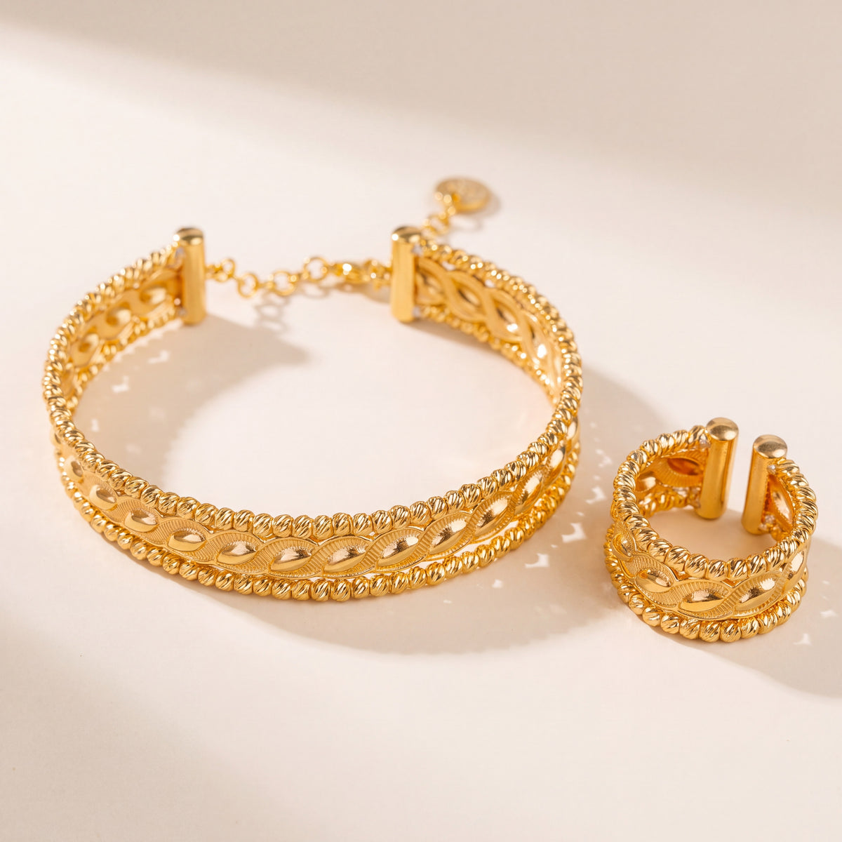 Gold Plated Cuff Bracelet & Ring (D1), 925 silver 24K gold plated