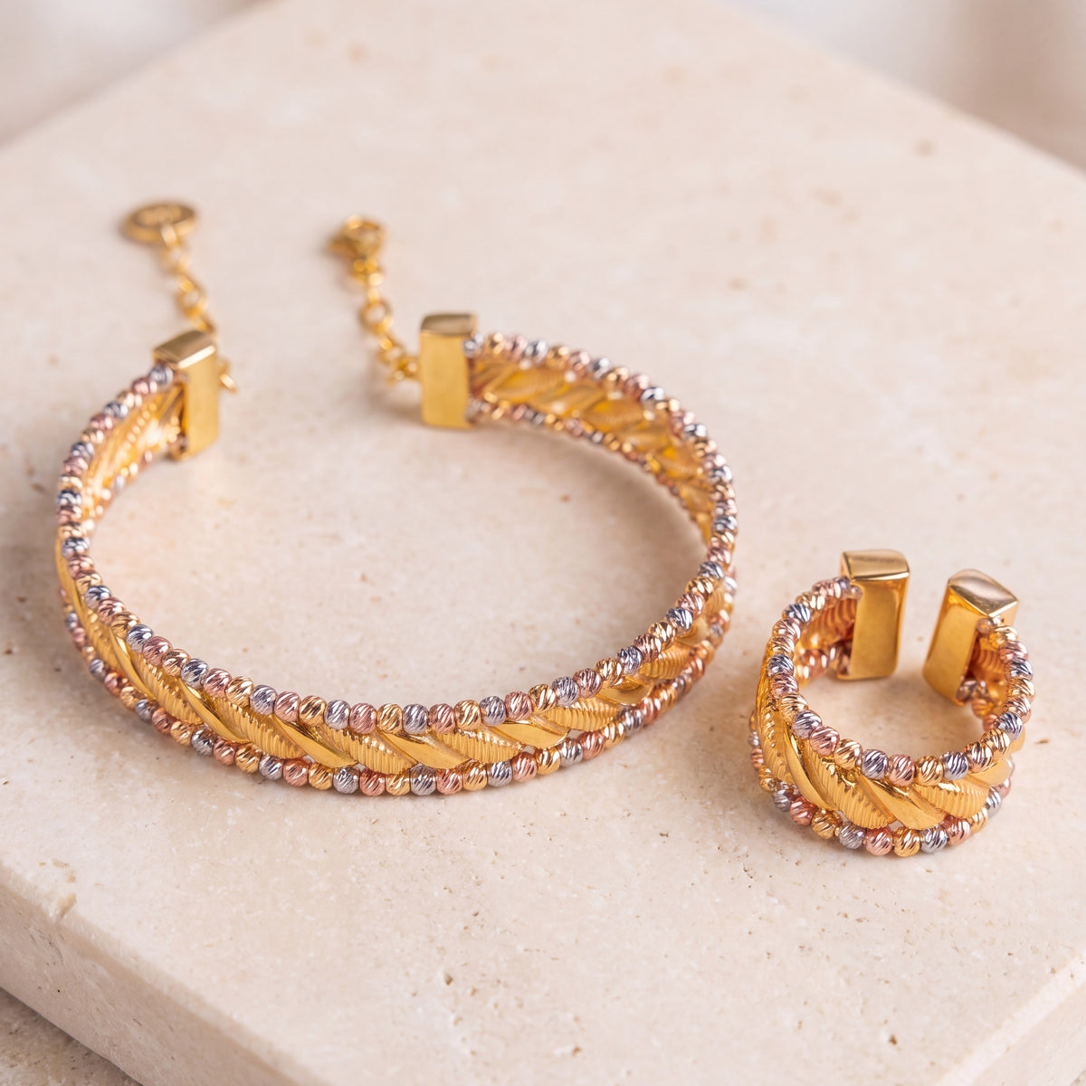 Multi Color Cuff Bracelet & Ring (D9) on travertine