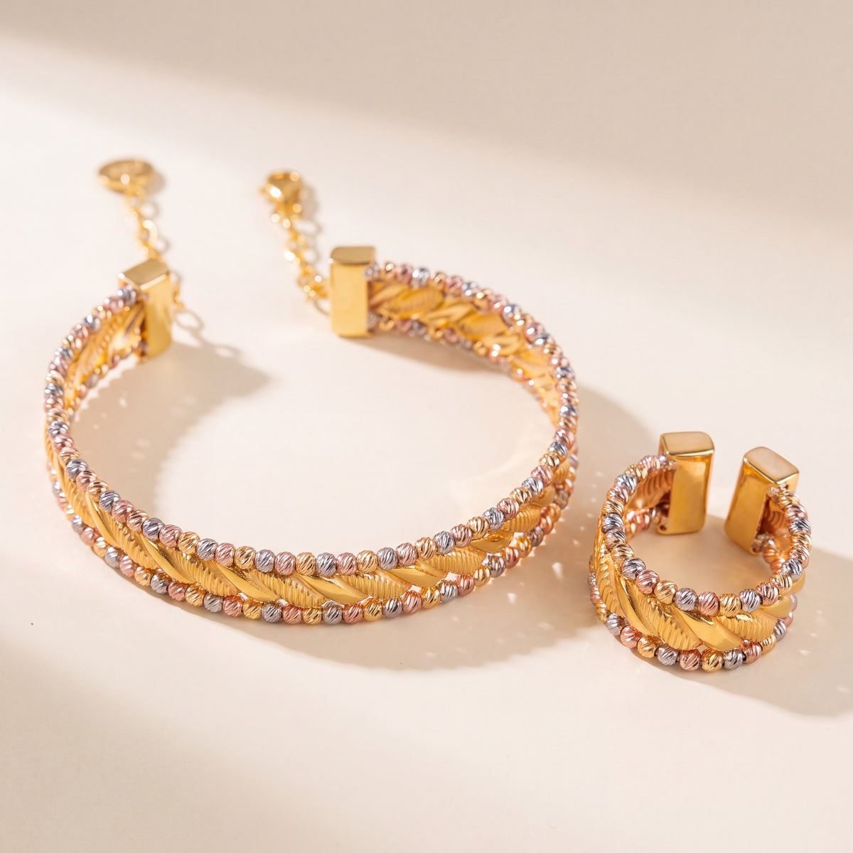Multi Color Cuff Bracelet & Ring (D9), 925 silver 24K gold plated