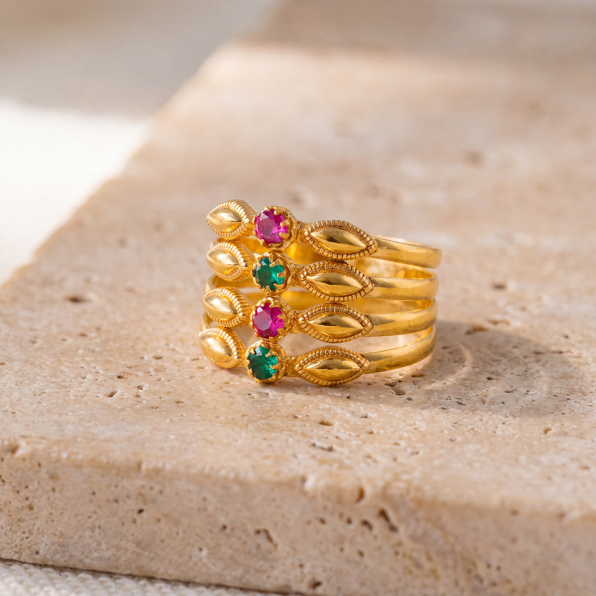 Quad Line Ring with stones (D1) on travertine