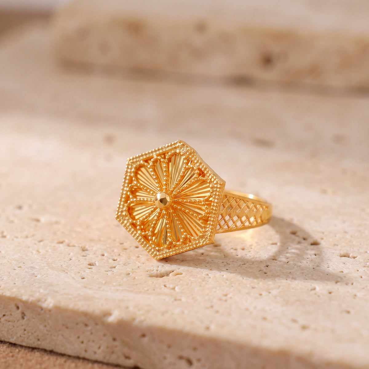 RP Diamond Cut Hexa Ring (D1) on travertine