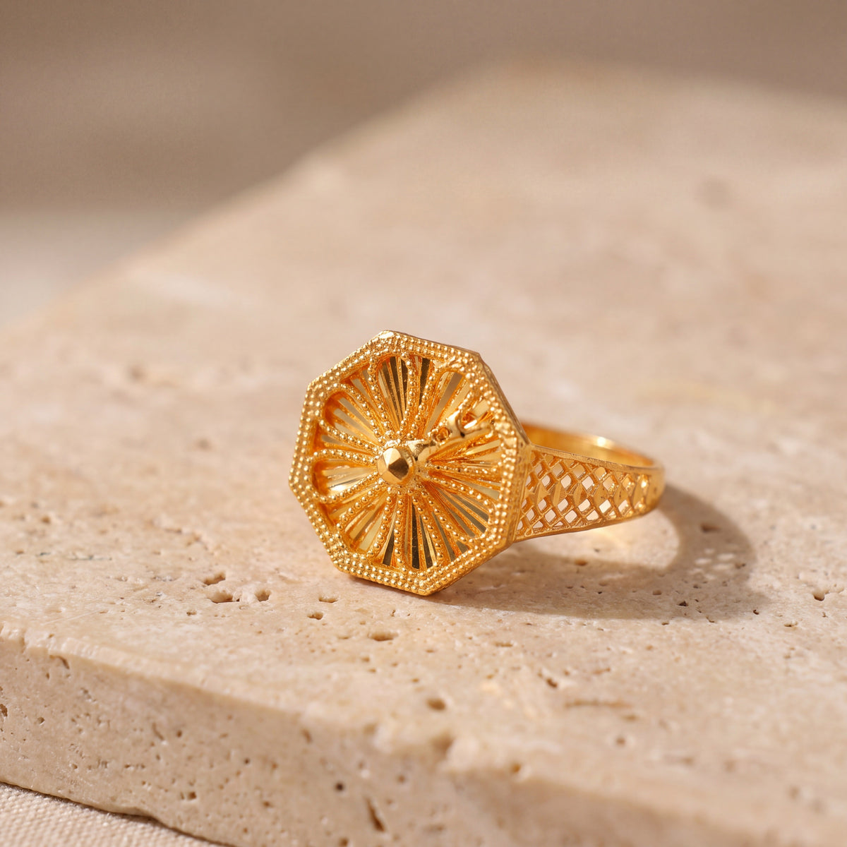 RP Diamond Cut Hexa Ring (D2) on travertine