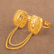 Twin Ring Chain (D42) in 925 silver with 24K gold plating, cushion ring faces with granulated field and marquise centre